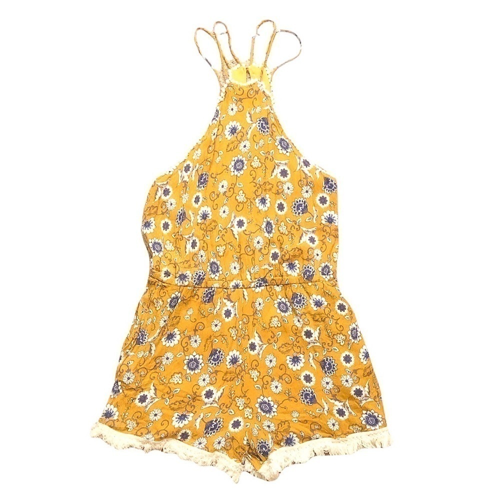 Hem & Thread Floral Mustard Sleeveless Boho Romper Large